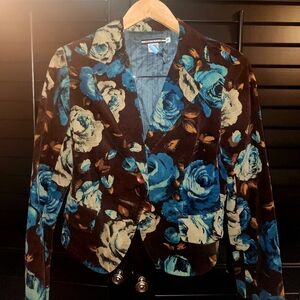 Vintage Floral Velvet Blazer with Blue and Brown Roses